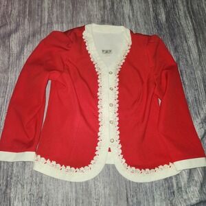Vintage T‎ & F Blazer Red Cream Lace Trim Pearl Buttons Made in USA Holiday